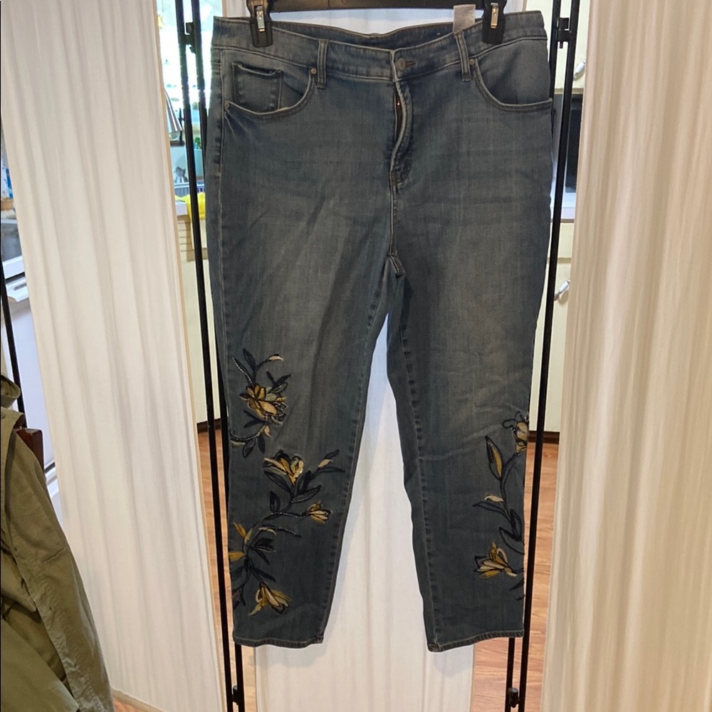 Chico's Blue Cropped Jeans with Yellow Floral Embroidery